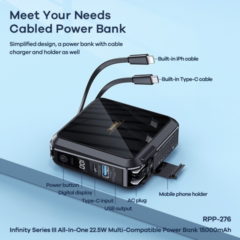 Pin sạc nhanh 22.5w Remax RPP-276 15.000mAh dự phòng PD QC3.0 (kèm cáp liền pin, ghim sạc ổ điện) chính hãng [BH 1 năm]