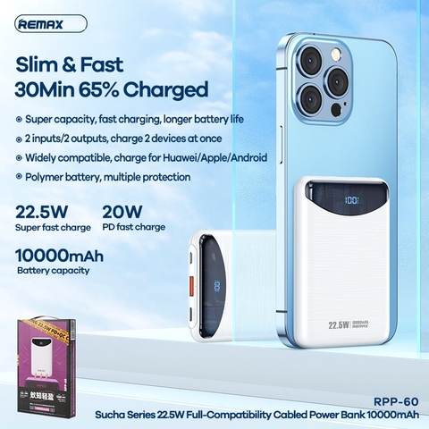 Pin sạc nhanh 22.5W REMAX RPP-60 10.000mAh dự phòng siêu mỏng gọn PD QC3.0 chính hãng [BH 1 năm]