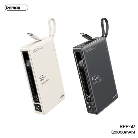Pin sạc nhanh 65w Remax RPP-87 20.000mAh dự phòng sạc nhanh 65w+ QC3.0 có màn hình hiển thị phần trăm pin chính hãng [BH 1 Năm]