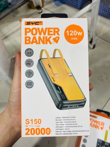 Pin sạc dự phòng sạc nhanh 120W SYC 150, 20.000mAh, kèm 2 cáp liền thân, có màn hình hiển thị % pin phối 2 màu  [BH: 1 năm]