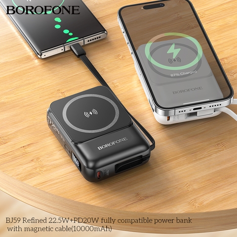 Pin sạc dự phòng BOROFONE BJ59 có màn LCD sạc không dây từ tính kèm 2 cáp Iphone Type C chính hãng [Bh 1 Năm]