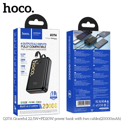 Pin sạc dự phòng sạc nhanh 22.5W HOCO Q37A 20000 mẫu mini kèm 2 cáp iphone Type C siêu tiện lợi [BH 1 Năm]
