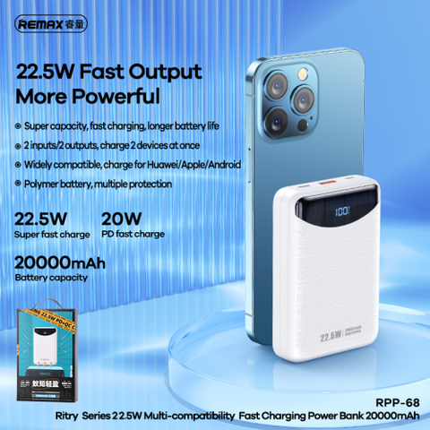 Pin sạc nhanh 22.5w Remax RPP-68 20.000mAh QC3.0 PD sạc dự phòng chính hãng [BH 1 năm]