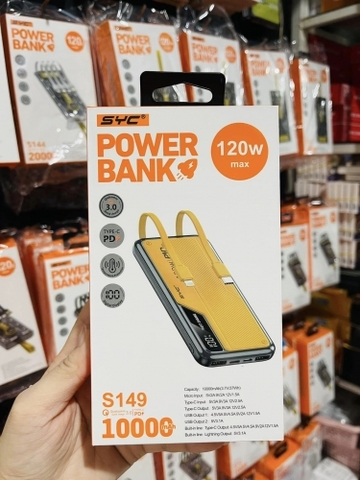 Pin sạc nhanh 120w SYC Power Bank S149 10.000mAh dự phòng chính hãng kèm cáp liền pin [BH 1 năm]