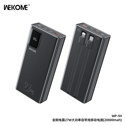 Pin sạc nhanh 27W WEKOME WP-94 KINGKONG 20.000mAh có màn hình hiển thị % kèm cáp liền thân pin chính hãng  [BH: 1 năm]