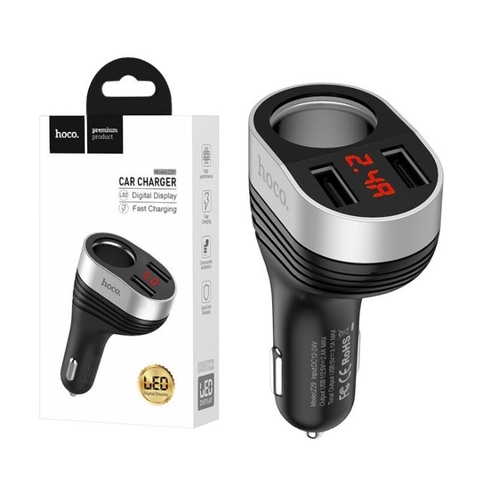 Cóc sạc nhanh xe hơi Hoco Z29 2.4A 2 cổng usb và 1 cổng tẩu sạc chính hãng có đồng hồ [BH 1 năm]