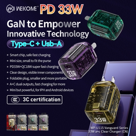 Cóc sạc nhanh 33w Wekome WP-U115 PD QC3.0 (1 cổng usb, 1 cổng Type-C) chính hãng [BH 1 năm]