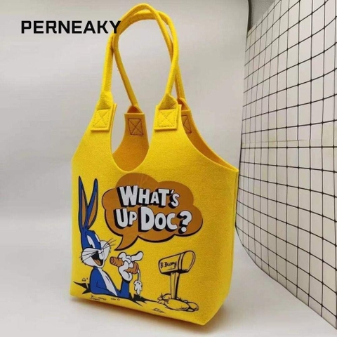 Túi xách nỉ đeo vai thời trang what's up doc đi học, đựng đồ cá nhân trang điểm mỹ phẩm