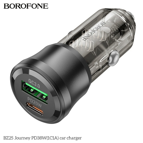 Tẩu sạc nhanh 38w dành cho xe hơi oto BOROFONE BZ25 mẫu trong suốt 1 cổng usb 1 cổng Type C chính hãng [BH 1 Năm]