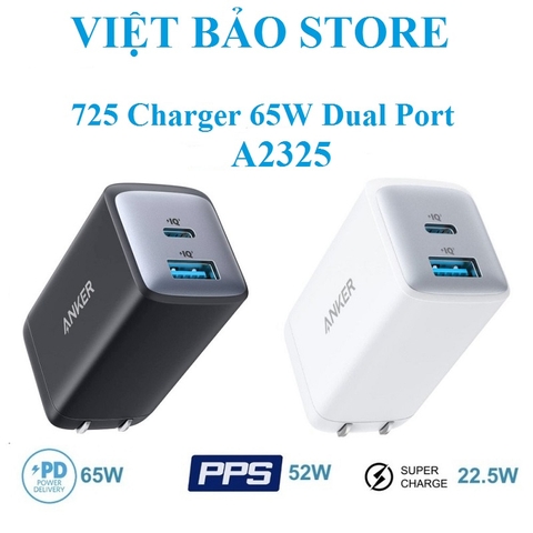 Cóc sạc nhanh 65w Anker 725/  A2325  (1 cổng type-c vs 1 cổng usb) chính hãng (trắng) [BH 1 năm]