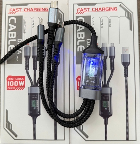 Cáp sạc nhanh 100w TDA-218 trong suốt 3in1 ( Usb ra Lightning+ Micro+ Type C) dây dù có led [BH: 3 THÁNG]