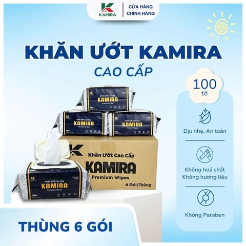Thùng 6 gói (mỗi gói 100 tờ) khăn giấy ướt cao cấp KMR PREMIUM WIPES vitamin E chống oxy hóa, Không paraben an toàn mọi loại da [BH: NONE]