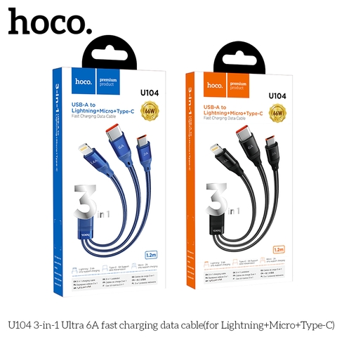 Cáp sạc nhanh 66w 3 đầu HOCO U104 Qc3.0 1.2m đa năng chính hãng (usb ra iPhone Lightning, Samsung Micro, Type C) [BH 1 năm]