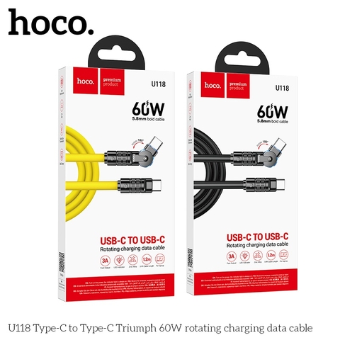 CÁP SẠC NHANH 60W HOCO U118 TYPE C RA TYPE C ĐẦU XOAY 180 ĐỘ (c-c) CÓ LED SIÊU ĐẸP [BH 1 NĂM]
