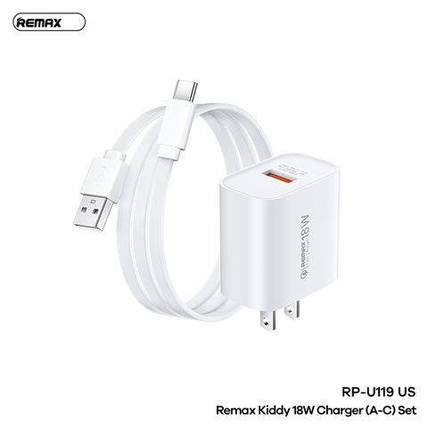 Bộ sạc nhanh 18w REMAX RP-U119 (A-C) US cóc 1 cổng usb kèm cáp usb ra Type Cchính hãng