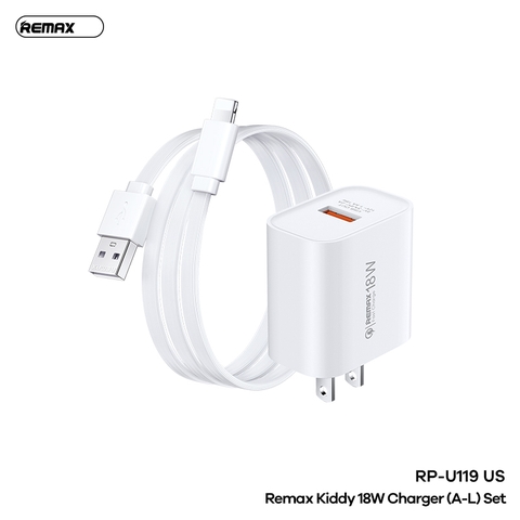Bộ sạc nhanh 18w REMAX RP-U119 (A-L) US cóc 1 cổng usb kèm cáp usb ra iphone chính hãng