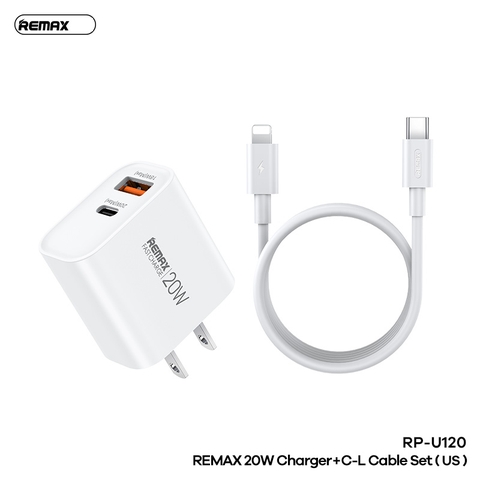 Bộ sạc nhanh 20w Remax RP-U120 (C-L US) cóc 1 cổng type c vs 1 cổng usb kèm cáp c-l (type c ra iphone) chính hãng [BH 1 Năm]