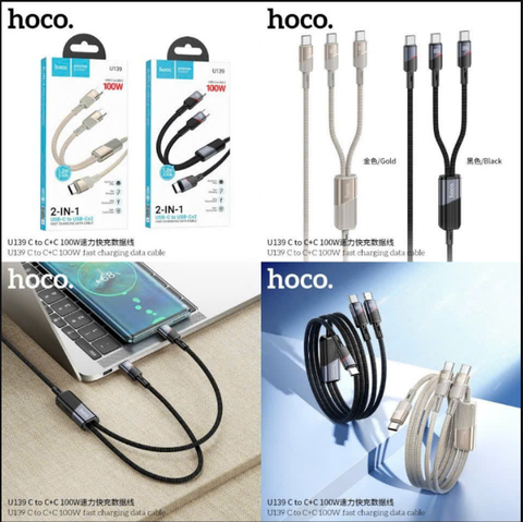 Cáp sạc nhanh 100W HOCO U139 Type C ra 2 đầu Type C ( C ra C+C) đa năng cáp 2in1 siêu tiện lợi [BH 1 Năm]