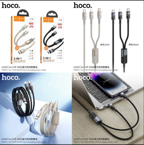 Cáp sạc nhanh 100w/27w HOCO U139 Type C ra 2 đầu Type C + Iphone đa năng ( C ra C+L) cáp 2in1 siêu tiện lợi [BH 1 Năm]