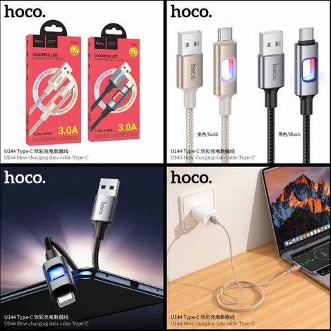 Cáp sạc nhanh 3A HOCO U144 cáp USB ra Type C có đèn Led mẫu mới siêu đẹp [BH 1 Năm]