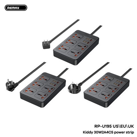 Ổ cắm điện REMAX RP-U195 US/EU công suất 2500w dây dài 1m5 kèm sạc nhanh 30w + 2 cổng USB 4 cổng Type C [BH 1 năm]