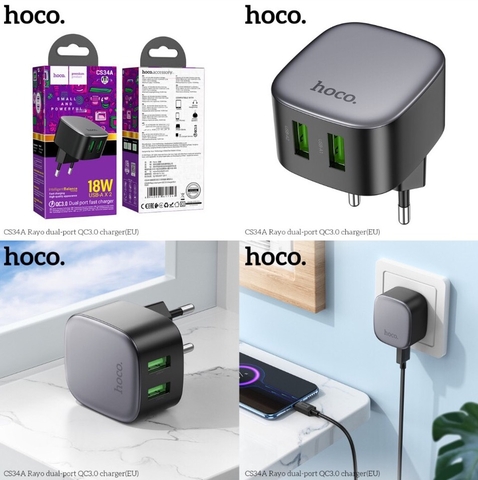 Cóc sạc nhanh 18w HOCO CS34A Rayo (2U) (2 cổng usb QC3.0) chính hãng [BH 1 năm]