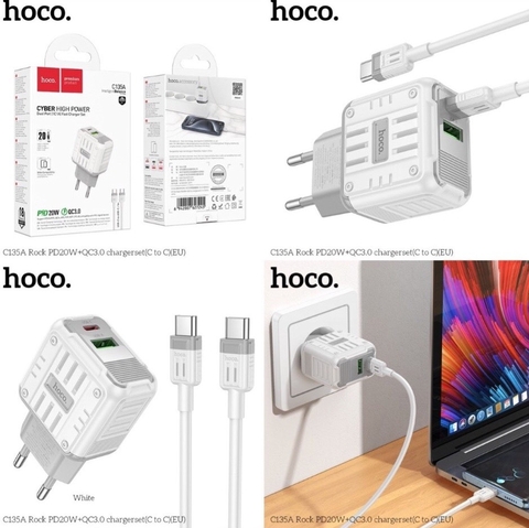 Bộ sạc nhanh 20w HOCO C135A Rock (C-C: cáp 2 đầu type-c ra typec) (cóc 1C 1U: 1 cổng type-c PD vs 1 cổng usb QC3.0) chính hãng [BH 1 năm]