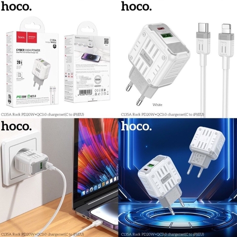 Bộ sạc nhanh 20w HOCO C135A Rock (C-L: cáp type c ra iphone lightning) (cóc 1C 1U: 1 cổng type-c PD vs 1 cổng usb QC3.0) chính hãng [BH 1 năm]