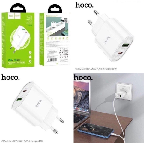 Cóc sạc nhanh 20w HOCO C95A Lineal (1C 1U: 1 cổng type-c PD vs 1 cổng usb QC3.0) chính hãng [BH 1 năm]
