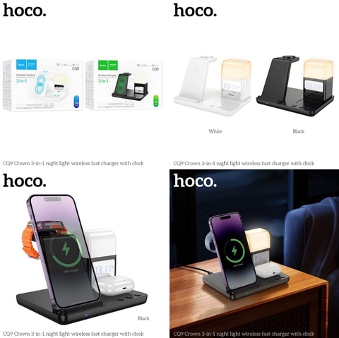 Đế sạc không dây 3in1 HOCO CQ9 có đồng hồ, đèn ngủ - sạc không dây cùng lúc 3 thiết bị (tai nghe airpods, smartwatch, điện thoại) chính hãng [BH 1 năm]