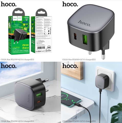 Cóc sạc nhanh 20w HOCO CS32A Rise (1C 1U) (1 cổng type-c PD vs 1 cổng usb QC3.0) chính hãng [BH 1 năm]