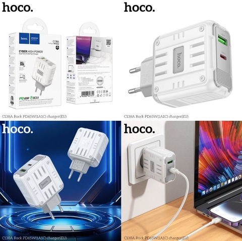 Cóc sạc nhanh 65w HOCO C138A Rock (1C 1U) (1 cổng type-c PD vs 1 cổng usb QC3.0) chính hãng [BH 1 năm]