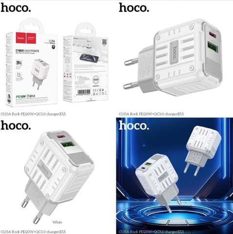 Cóc sạc nhanh 20w HOCO C135A Rock (1C 1U: 1 cổng type-c PD vs 1 cổng usb QC3.0) chính hãng [BH 1 năm]