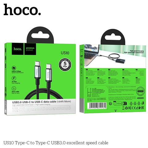 Cáp sạc Hoco US10 2 đầu Type C ra Type C (C-C) truyền dữ liệu tốc độ cao 5Gbps usb 3.0 dài 50cm chính hãng [Bh 1 Năm]