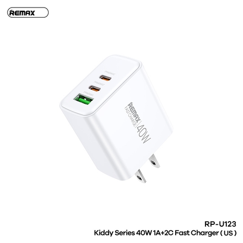 Cóc sạc nhanh 40w Remax RP-U123 US chân dẹp chính hãng {1 cổng USB QC3.0+ 2 cổng Type C 40w} [BH: 1 Năm]
