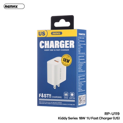 Cóc sạc nhanh 18w Remax RP-U119 US (CHÂN DẸP) 1 cổng usb chính hãng [BH: 1 NĂM]