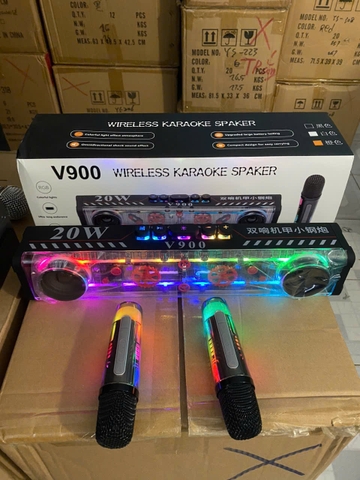 Loa bluetooth karaoke V900 công suất 20w mẫu dài để bàn có đèn led siêu đẹp kèm 1 micro không dây
