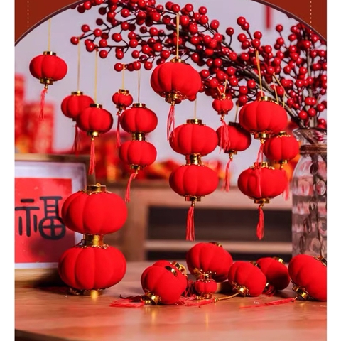 Set 16c LỒNG ĐÈN ĐỎ NHUNG size 8cm trang trí Tết, decor quán siêu xinh [BH: NONE]