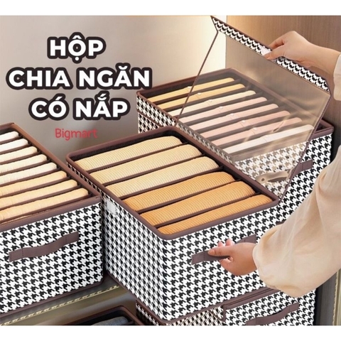 Giỏ, sọt đựng quần áo chữ nhật khung thép, chia ngăn có nắp đậy trong suốt và quai xách kẻ ca rô [BH: NONE] 1l1d7