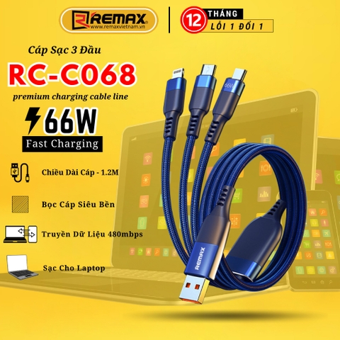 Cáp sạc nhanh 6A 66w Remax 3 đầu RC-C068 đa năng chính hãng [BH 1 năm]