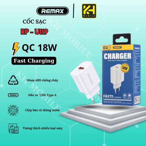 Cóc sạc nhanh 18w Remax RP-U119 EU (CHÂN TRÒN) 1 cổng usb chính hãng [BH: 1 NĂM]