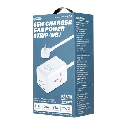 Ổ cắm điện sạc nhanh 65W REMAX RP-U157 US (2 cổng USB + 2 cổng Type C + 2 lỗ cắm 2500w) dây dài 1.5m chính hãng [BH 1 năm]