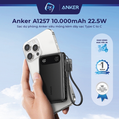 Pin sạc nhanh 22.5w ANKER A1257 10.000mAh dự phòng, có màn hình hiển thị % pin, dây treo chính hãng [BH: 1 NĂM]