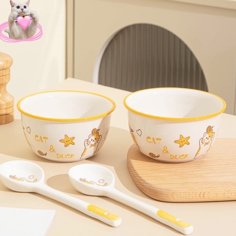 Combo 2 tô sứ tặng kèm 2 muỗng ăn dặm cho bé- Hoạ tiết hoa lá, hoạt hình tuỳ lô [bh: none]