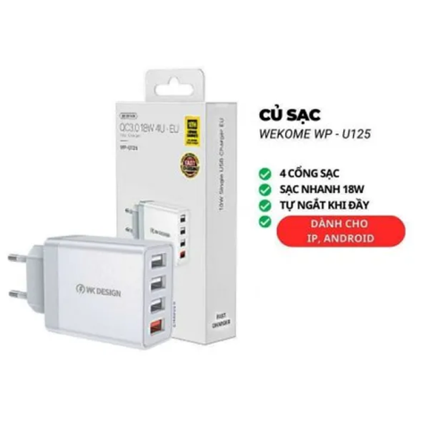 Cóc sạc nhanh 18W WKDESIGN 4 cổng USB chân dẹp chính hãng [BH: 3 tháng]