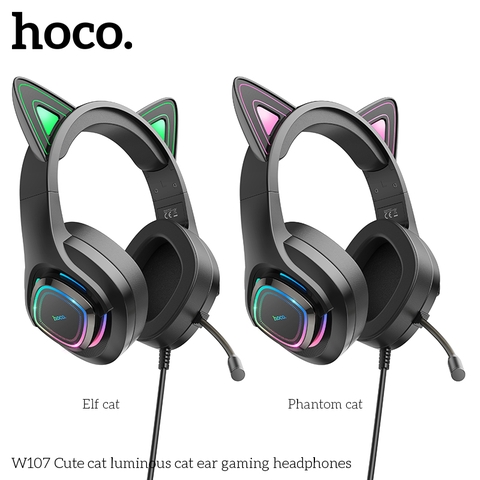 Tai nghe có dây 3.5 Headphone Chụp tai Gaming HOCO W107 tai mèo phát sáng hình chú mèo dễ thương có dây chính hãng [BH 1 NĂM]