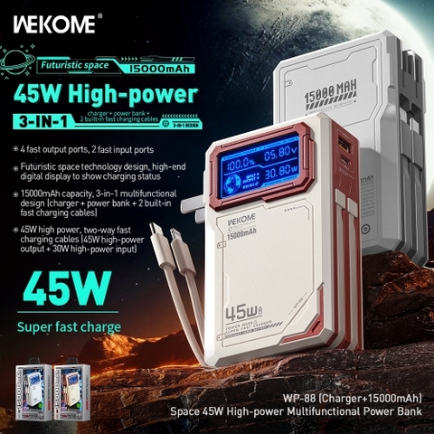 Pin sạc nhanh 45W 3in1 WEKOME WP-88 15.000mAh, có màn hình LCD hiển thị % pin, cáp liền thân, có chấu sạc ghim sạc trực tiếp tiện lợi [BH: 1 năm]