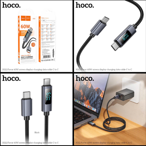 Cáp sạc nhanh 60W HOCO X112 (C-C) cáp 2 đầu Type C có màn hình LCD siêu đẹp