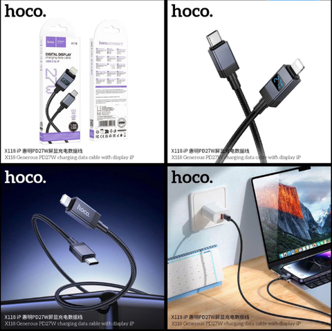 Cáp sạc nhanh 27W HOCO X118 (C-L) cáp Type C ra Iphone có màn hình LCD hiển thị siêu đẹp