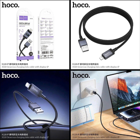 Cáp sạc nhanh 2.4A HOCO X118 IP cáp USB ra Iphone có màn hình báo sạc chính hãng
